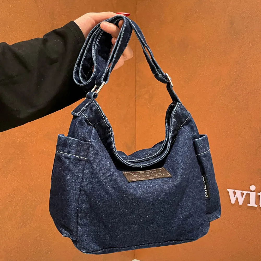 Crossbody Bag Denim Large Capacity Adjustable Strap Contrast Stitching Casual Retro Shoulder Bag For Women Students
