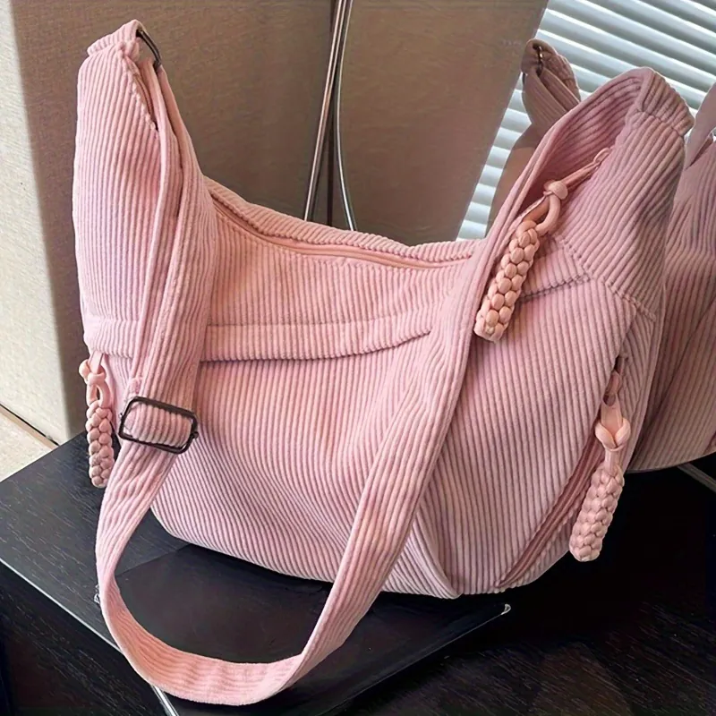 Sac Bandoulière Demi-Lune En Velours Côtelé Femme Grande Capacité Sac Hobo Fermeture Éclair Tressée Style Japonais