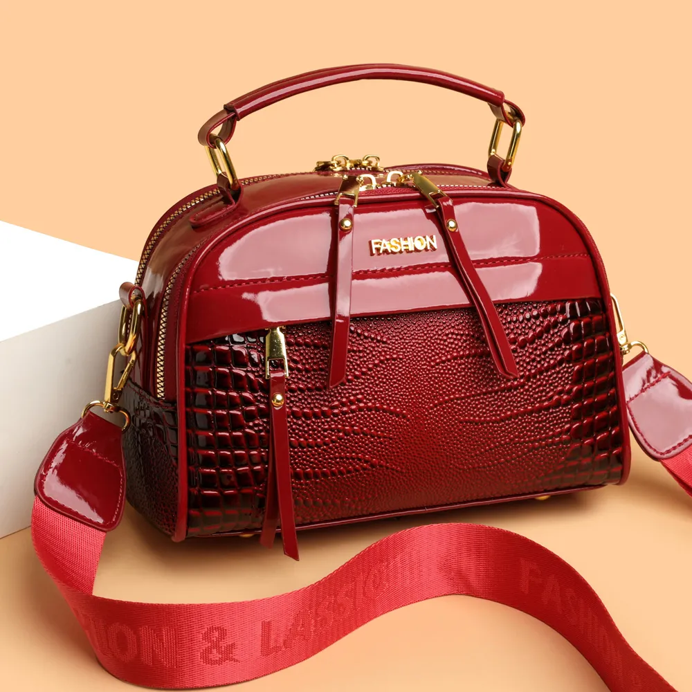 Sac Bandoulière En Cuir Verni Femme Texture Crocodile Sac À Main Double Fermeture Éclair Avec Large Bandoulière