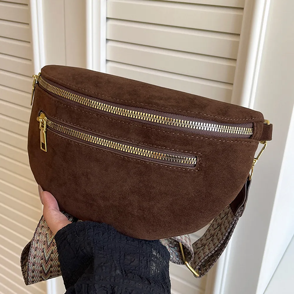Vintage Suede Crossbody Bag For Women Wide Ethnic Jacquard Strap Multi Zipper Half Moon Chest Belt Bag Fashionable