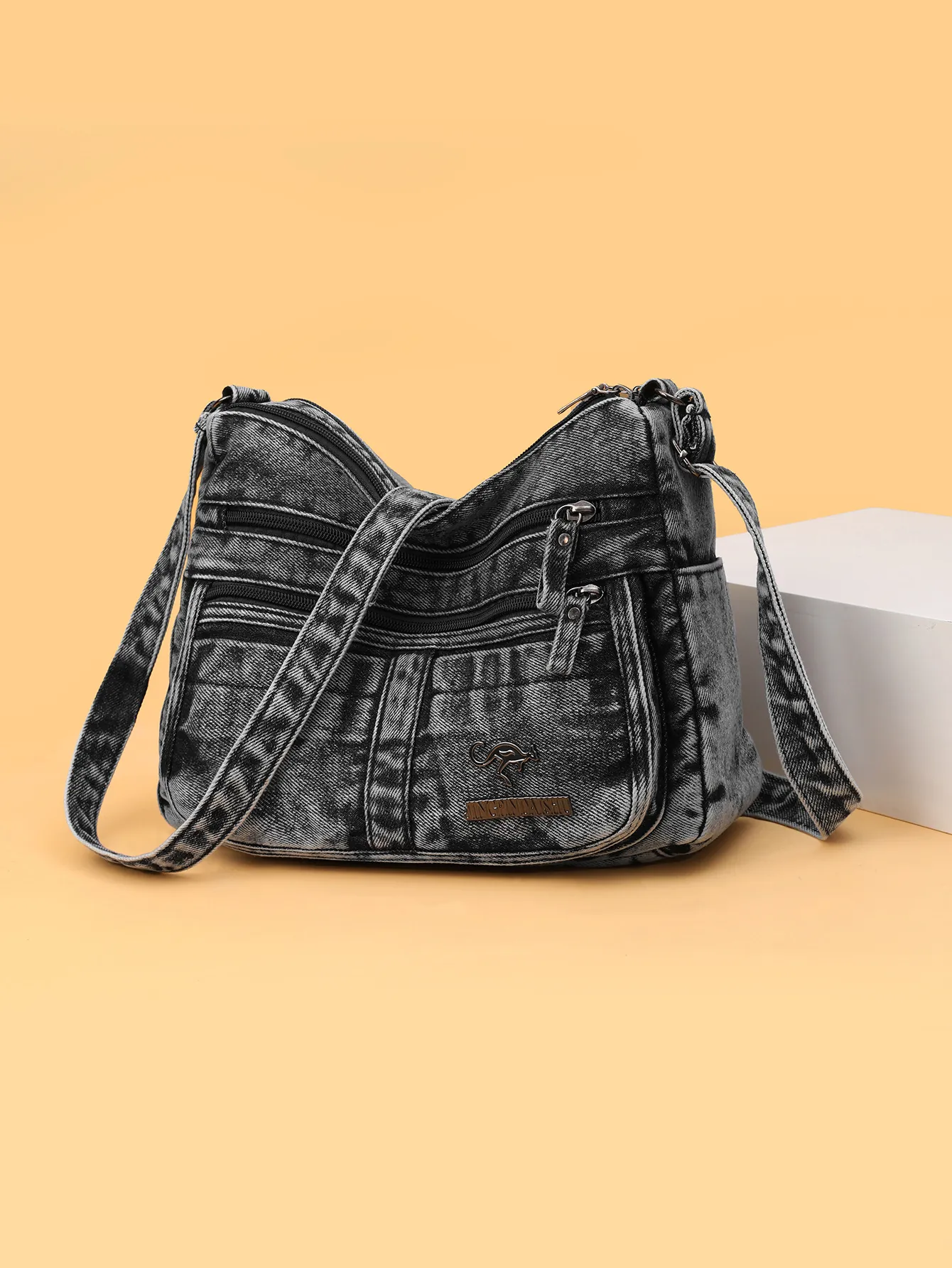 Women Washed Denim Crossbody Bag Multi-Layer Zipper Small Square Shoulder Bag With Adjustable Strap Casual Travel Handbag