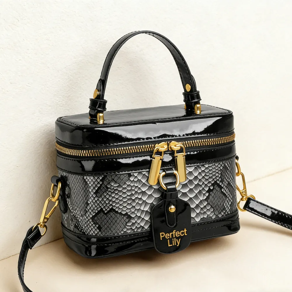 Vintage Box Handbag For Women Glossy Patent Leather Snake Texture Patchwork Crossbody Bag With Golden Hardware Elegant
