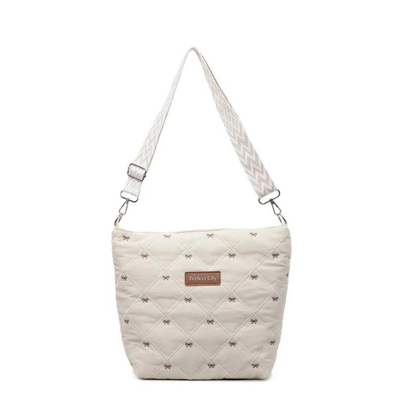 Sac Bandoulière Matelassé Femmes Tissu Noeud Brodé Grande Capacité Large Bandoulière Mode Décontractée Fourre-Tout