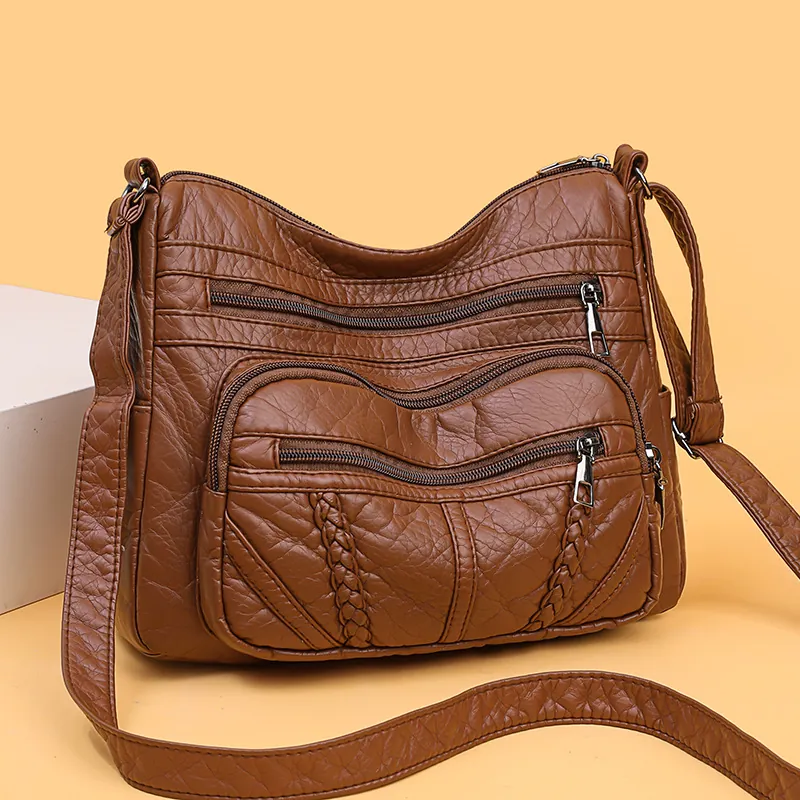 Women Crossbody Bag Retro PU Leather Multi Pocket Zipper Shoulder Purse Casual Fashion Braided Trim Adjustable Strap