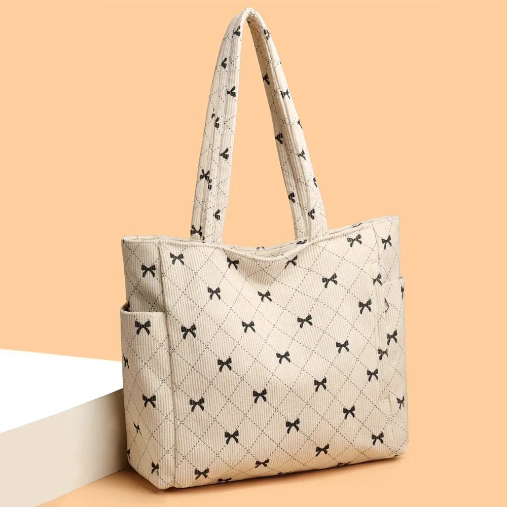 Corduroy Tote Bag Large Capacity Women Bow Knot Print Diamond Quilted Shoulder Handbag With Side Pockets Retro Casual