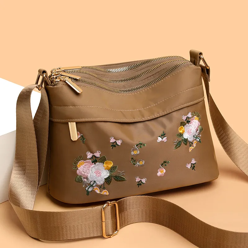 Nylon Crossbody Bag Flower Embroidery Multiple Zippers Multi Pocket Large Capacity Casual Ethnic Style For Women