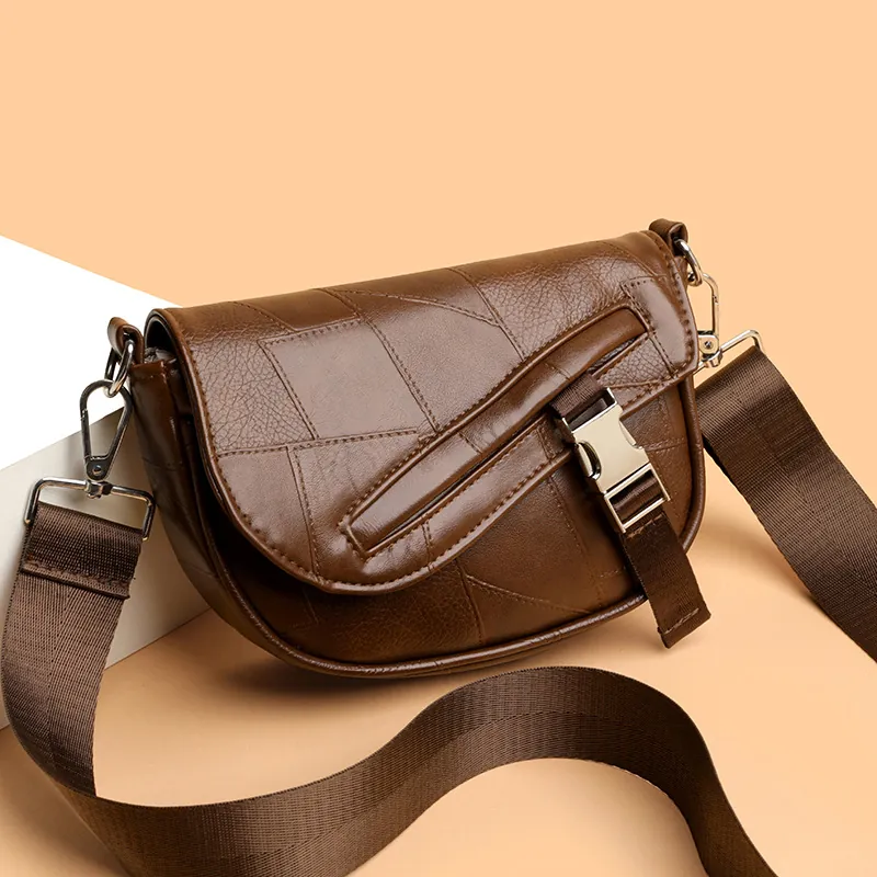 Vintage Saddle Bag For Women PU Leather Patchwork Stitching Crossbody Bag With Wide Adjustable Strap Metal Buckle