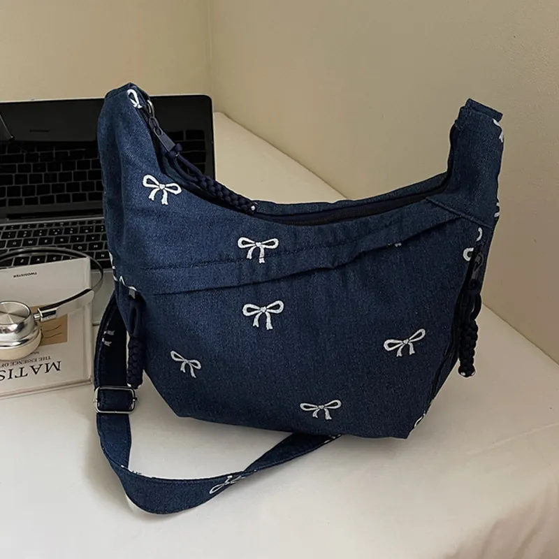Denim Hobo Tasche Für Damen Mit Schleifendruck Große Kapazität Umhängetasche Verstellbarer Riemen Lässiger Stil