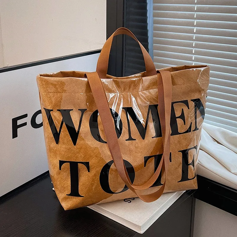Women Tote Bag Large Capacity PVC Waterproof Paper Texture Letter Print Shoulder Casual Commuting Street Trend Minimalist