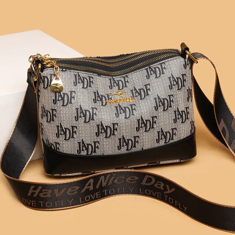 Women Crossbody Shoulder Bag Multi Layer Zipper Large Capacity Wide Jacquard Strap Litchi Grain Monogram Print Fashion Casual