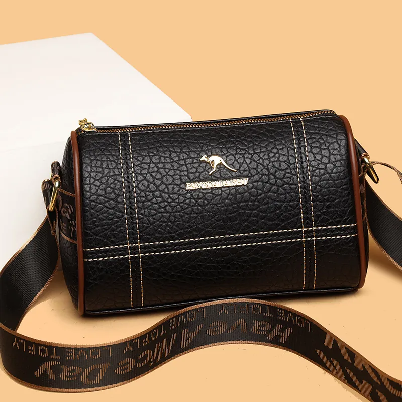 Sac Boston Femme Cuir PU Motif Lychee Cylindre Bandoulière Avec Large Sangle Jacquard Mode Usage Quotidien Tendance
