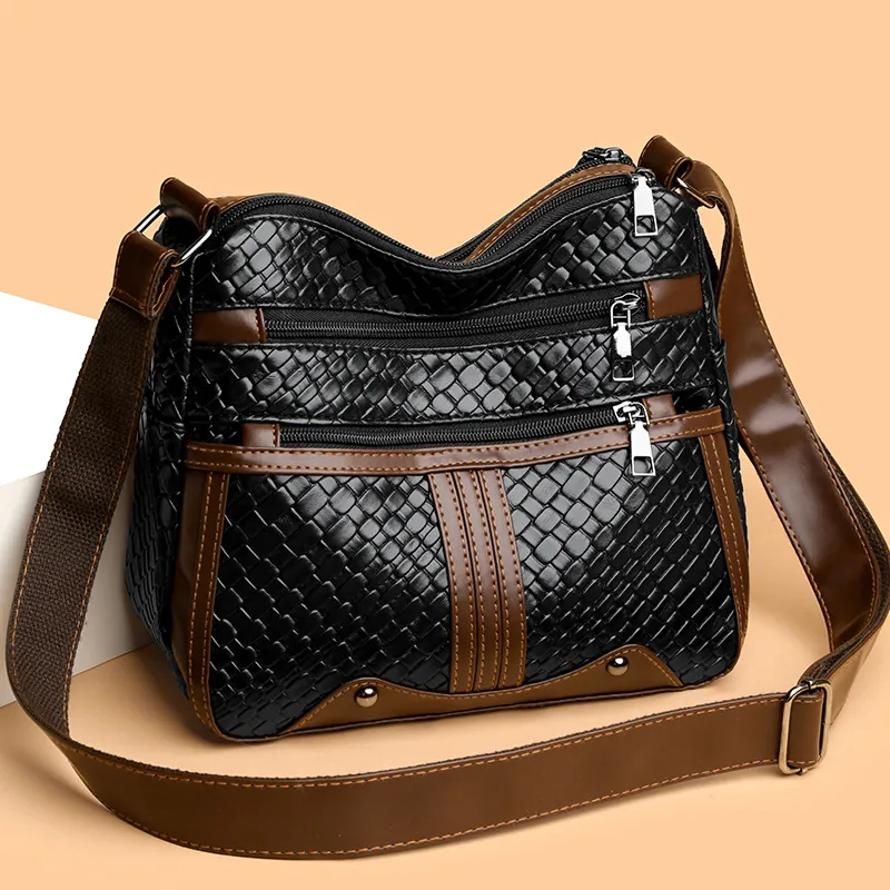 Women Crossbody Bag Soft PU Leather Woven Multi Layer Zippers Shoulder Handbag Casual Simple Elegant Large Capacity