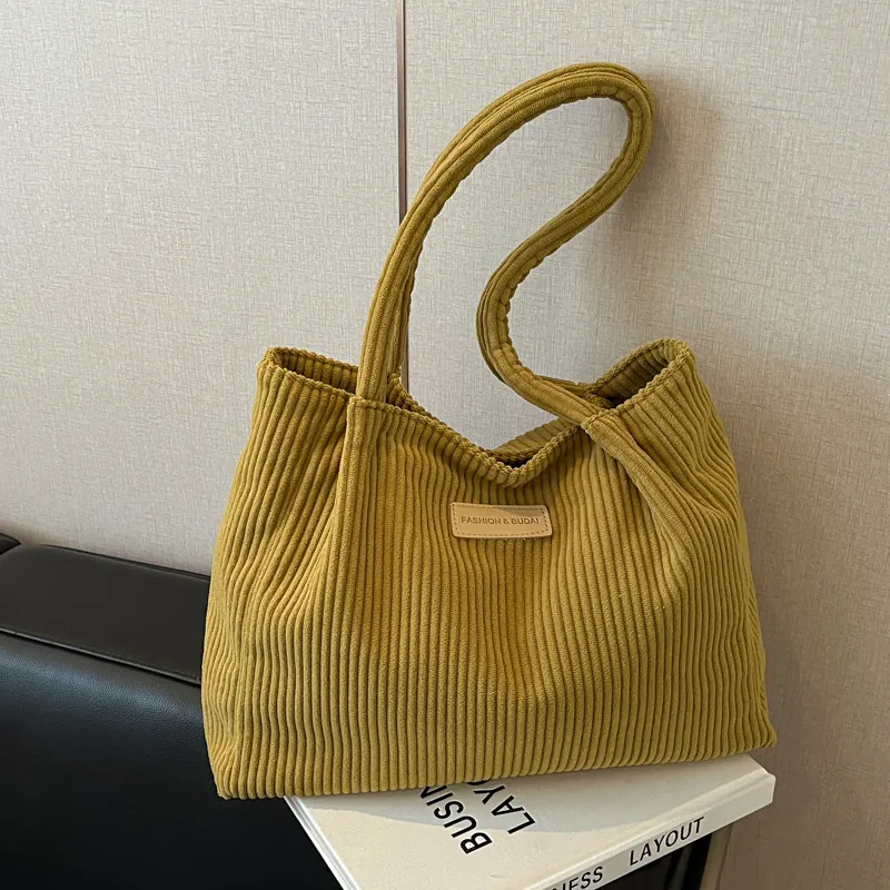 Sac Cabas En Velours Côtelé Pour Femmes Grande Capacité Sac À Épaule Décontracté Style Coréen Zip