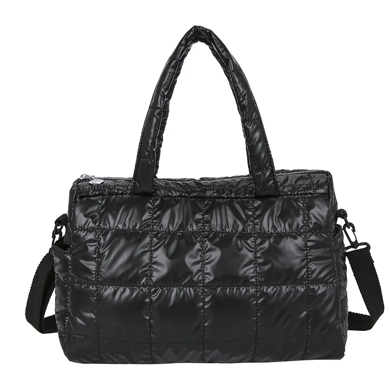 Glossy Quilted Puffer Crossbody Bag For Women Large Capacity Metallic Nylon Handbag With Detachable Adjustable Straps Casual Winter