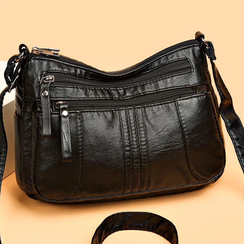Women Shoulder Bag Soft PU Leather Multi-Pocket Crossbody Purse Fashion Minimalist Daily Travel Messenger Bag For Lady