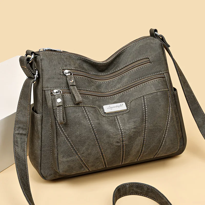 Women Crossbody Bag Multi Zipper Pockets Washed PU Leather Large Capacity Retro Shoulder Handbag Casual Versatile