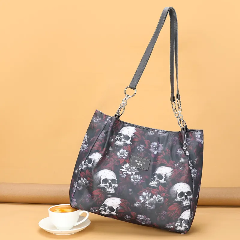 Gothic Skull Flower Print Large Capacity Oxford Cloth Tote Bag Metal Chain Shoulder Bag For Women Dark Punk Style