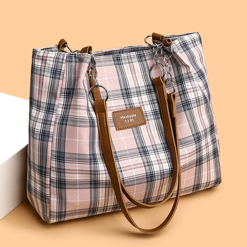 Borsa Tote A Quadri Da Donna Grande Capacità Tela Borsa A Spalla Con Catena In Metallo Retro Casual Pendolare
