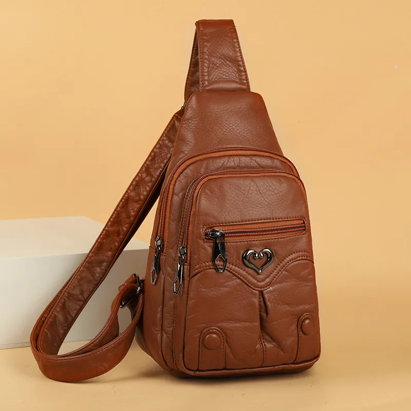 Vintage Soft PU Leather Chest Bag For Women Heart Shaped Metal Buckle Multi Pocket Large Capacity Crossbody Sling Bag Trendy