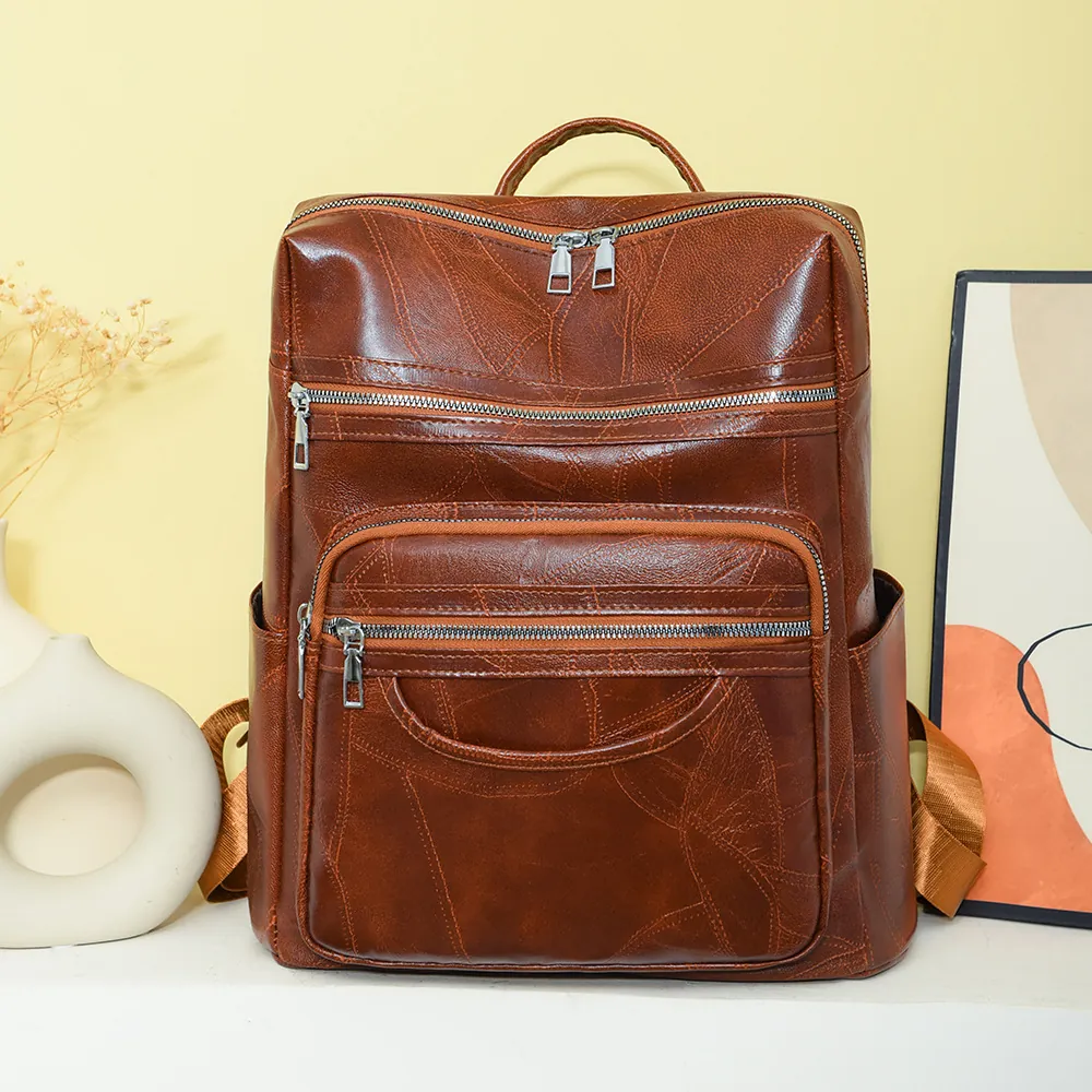 Women PU Leather Fashion Backpack Multi-Pocket Large Capacity Vintage Waterproof Urban Travel Shoulder Bag