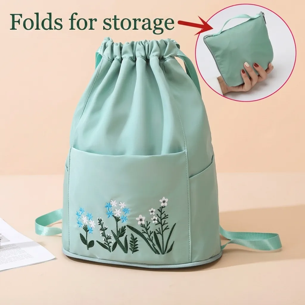 Women Floral Embroidery Drawstring Backpack Oxford Cloth Water Resistant Dry Wet Separation Foldable Travel Fitness Bag
