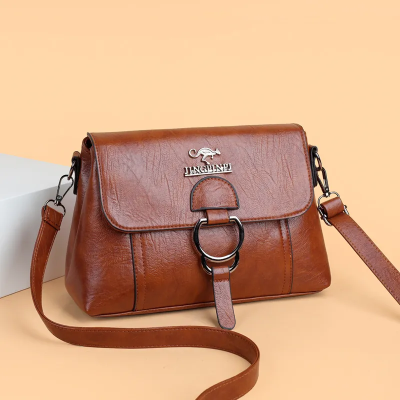 Crossbody Shoulder Bag Litchi Texture PU Leather Metal Ring Decor Flap Magnetic Closure Daily Fashion Women Handbag