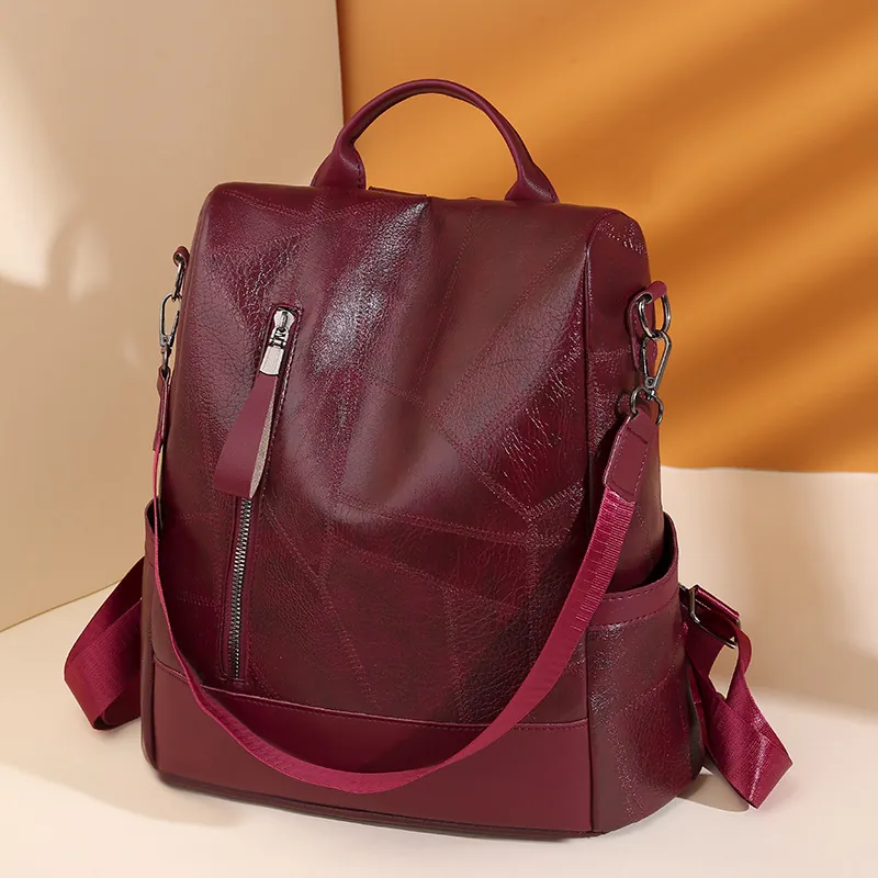 Women Fashion Backpack PU Leather Anti-Theft Large Capacity Geometric Stitching Waterproof Casual Travel Shoulder Bag