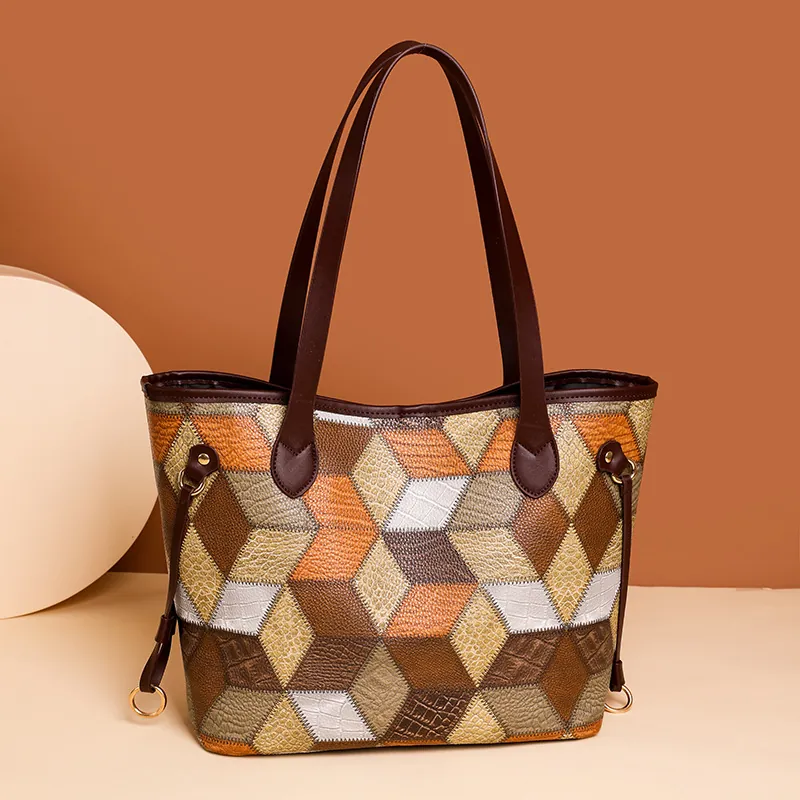 Fashionable Women Tote Bag With Pouch Geometric Color Block PU Leather Large Capacity Casual Daily Shoulder Handbag