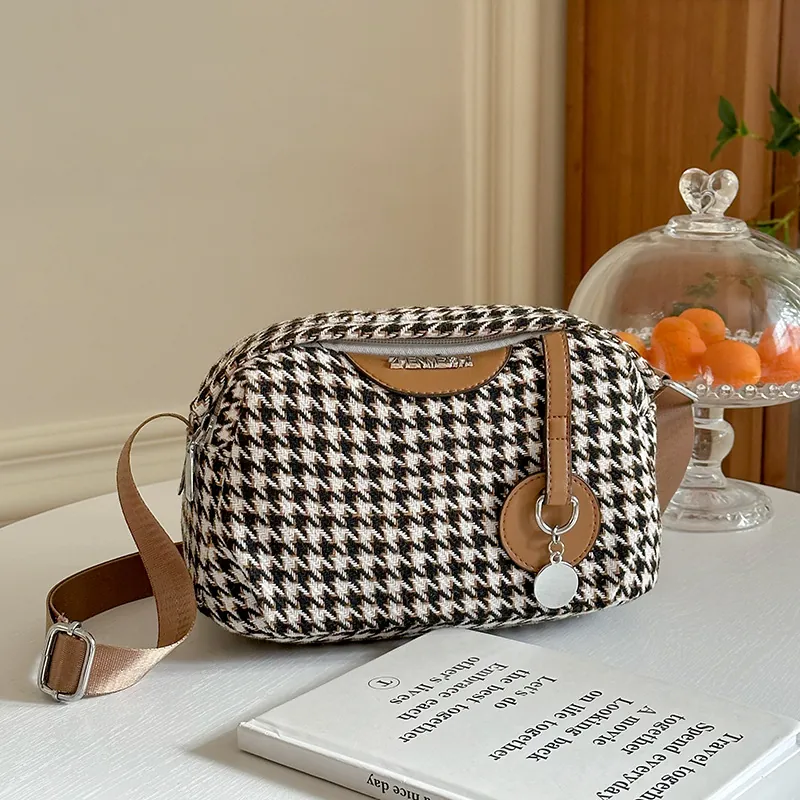 Houndstooth Crossbody Bag For Women Large Capacity Multi Layer Canvas And PU Leather Shoulder Bag Retro Casual Style