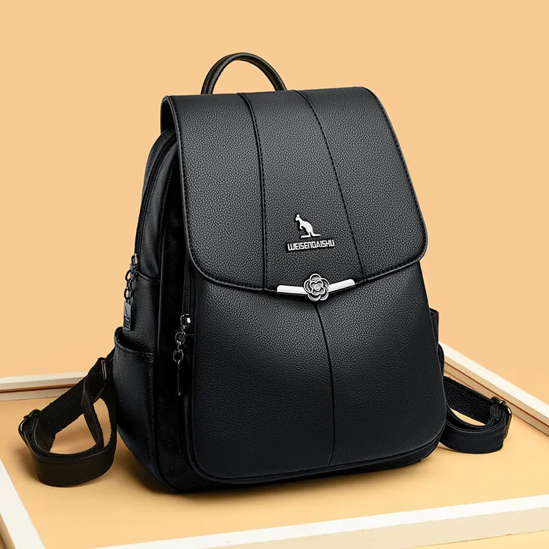 Women Fashion Backpack PU Leather Litchi Pattern Retro Casual Travel Bag With Flower Buckle Multi-Pocket Waterproof