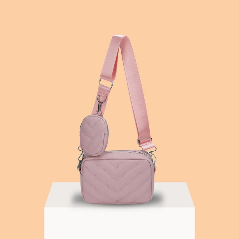 Chevron Gesteppte Umhängetasche Mit Abnehmbarem Rundem Münzfach PU Leder Verstellbarem Breit Schultergurt Mode Handtasche