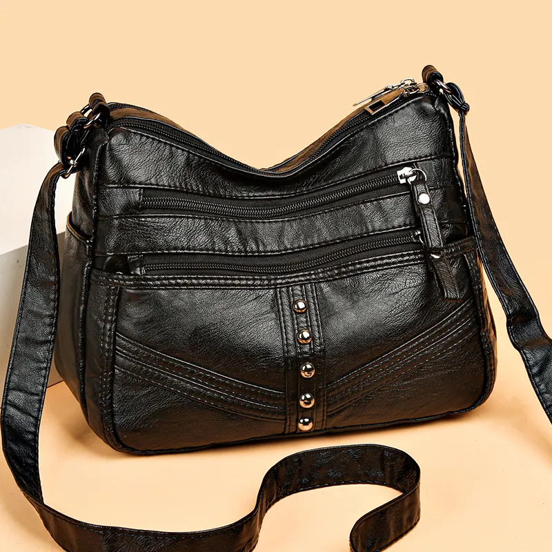 Women Crossbody Bag Soft PU Leather Multi Zipper Pockets Retro Rivet Adjustable Shoulder Strap Casual Fashion