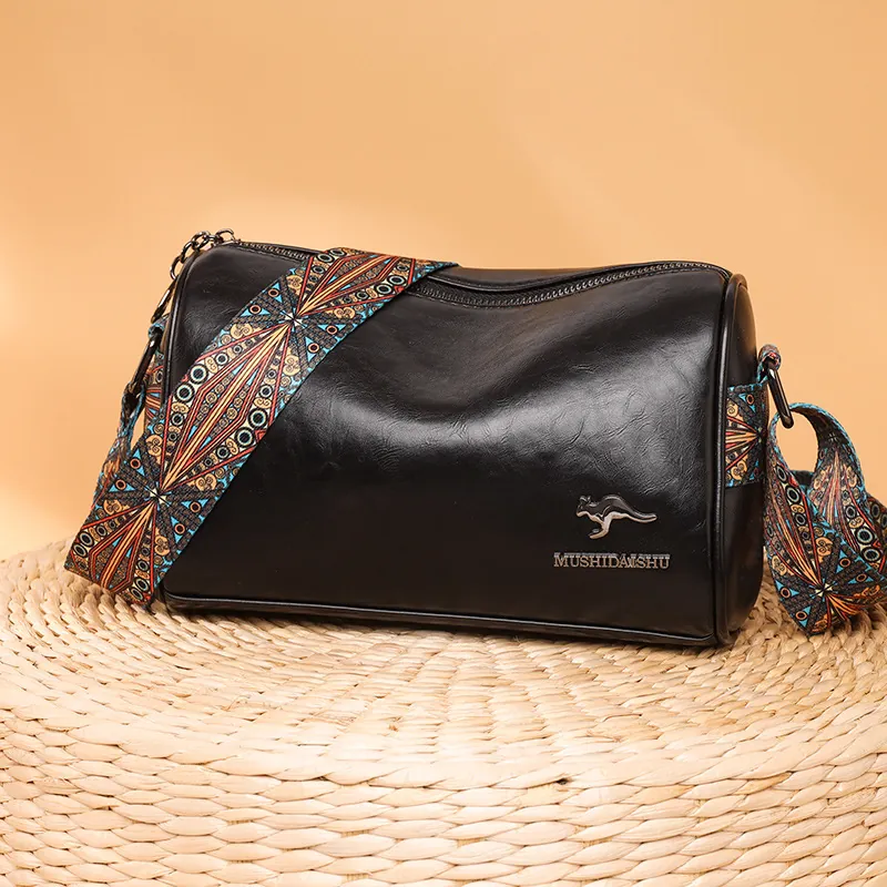 Women Crossbody Shoulder Bag PU Leather Barrel Boston Cylindrical Wide Ethnic Strap Casual Fashion