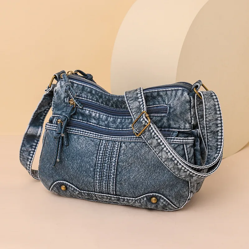 Damen Umhängetasche Gewaschenes PU Leder Mehrere Reißverschlusstaschen Lässige Retro Schultertasche Große Kapazität Verstellbar