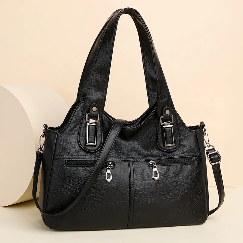 Borsa Tote Grande Capacità Donna Morbida Pelle PU Retro Multi Tasche Borsa A Mano Con Tracolla Regolabile Casual Ufficio