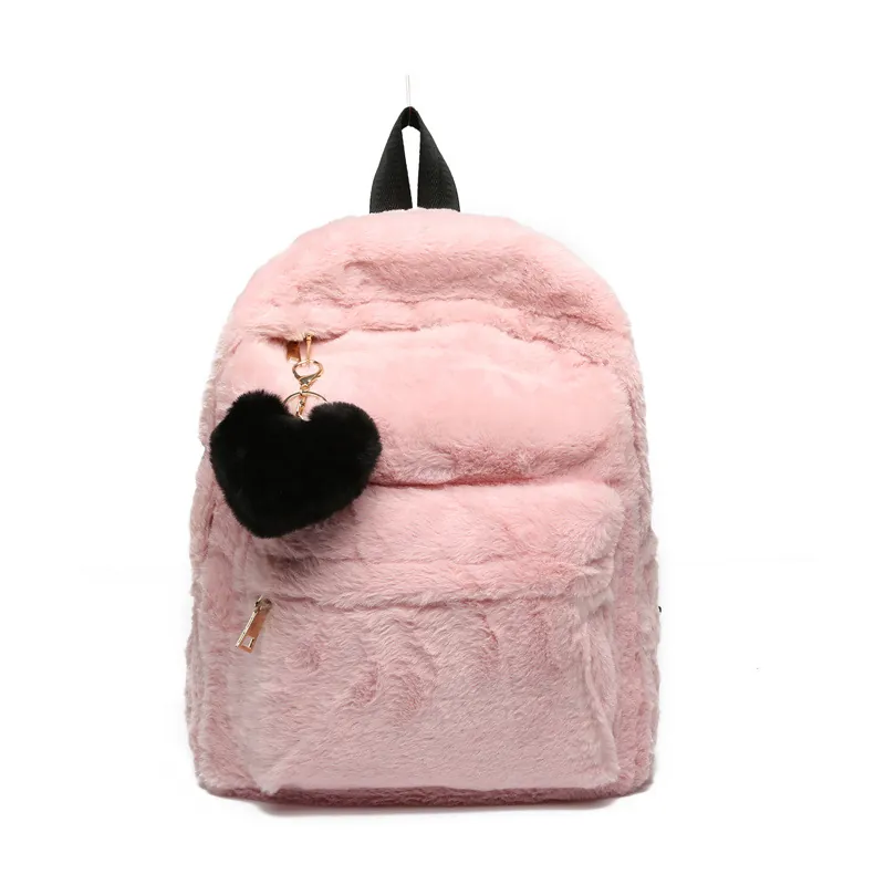Plush Backpack For Women Faux Fur Fashion School Bag With Heart Charm Korean Style Soft Rucksack For Students