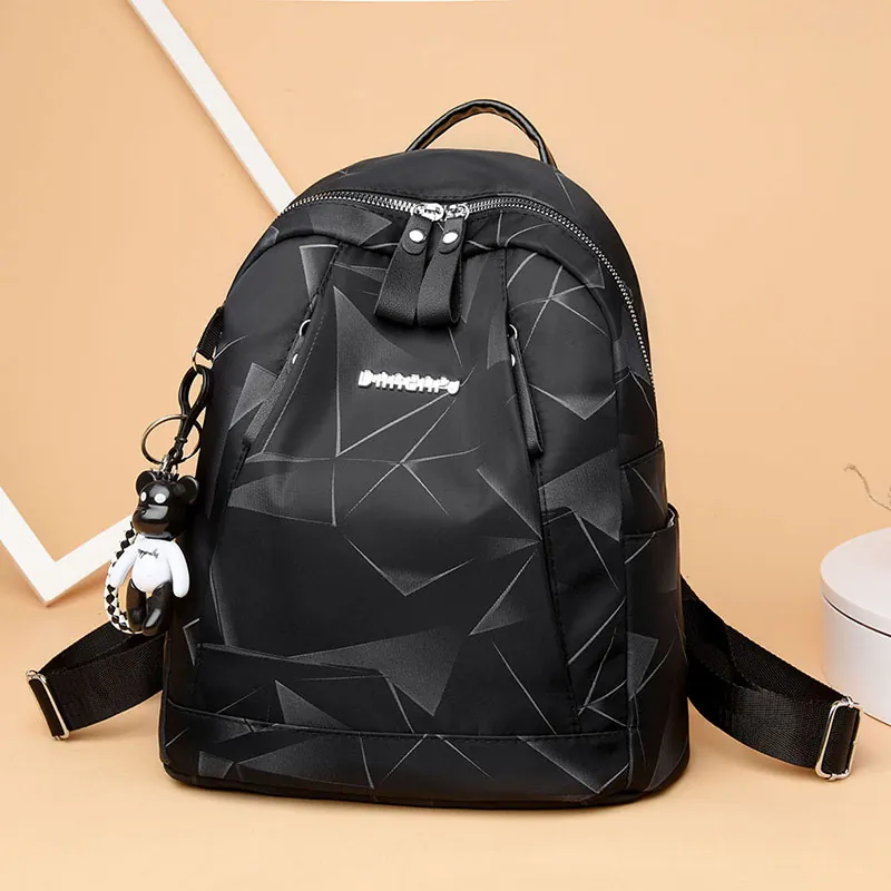 Sac À Dos Femme Oxford Imperméable Grande Capacité Voyage Rucksack Imprimé Géométrique Sac Scolaire Porte-Clés Ours