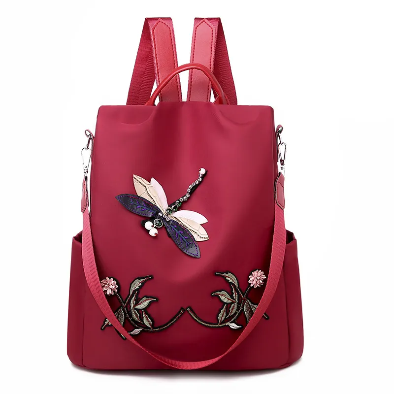 Women Fashion Backpack Oxford Cloth 3D Dragonfly Flower Embroidery Anti-theft Large Capacity Travel Bag