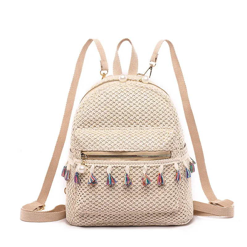 Mini Backpack Straw Woven Tassel Artificial Pearl Decor Bohemian Ethnic Casual Travel Daypack For Women Girls Sweet Summer
