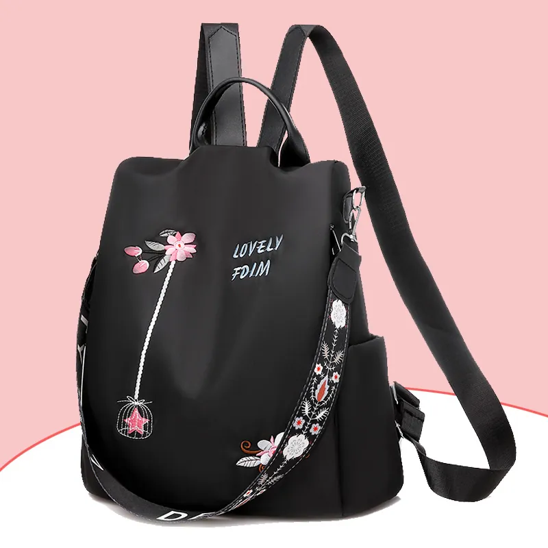 Damen Mode Rucksack Oxford Stoff 3D Blumenstickerei Wasserdicht Diebstahlschutz Große Kapazität Lässige Reisetasche