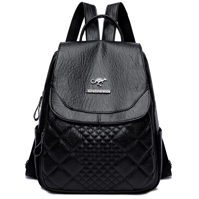 Fashion Women Backpack PU Leather Quilted Rhombus Large Capacity Waterproof Anti-Theft Vintage Travel Casual Daypack