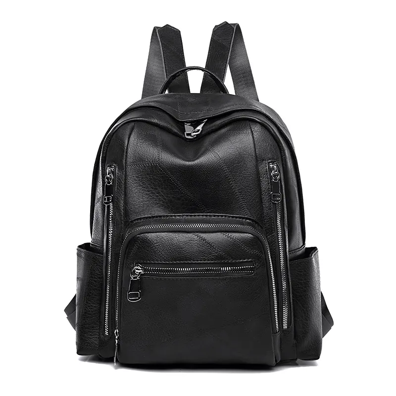 Women PU Leather Backpack Fashion Waterproof Large Capacity Multi Pocket Geometric Stitching Casual Travel School Bag