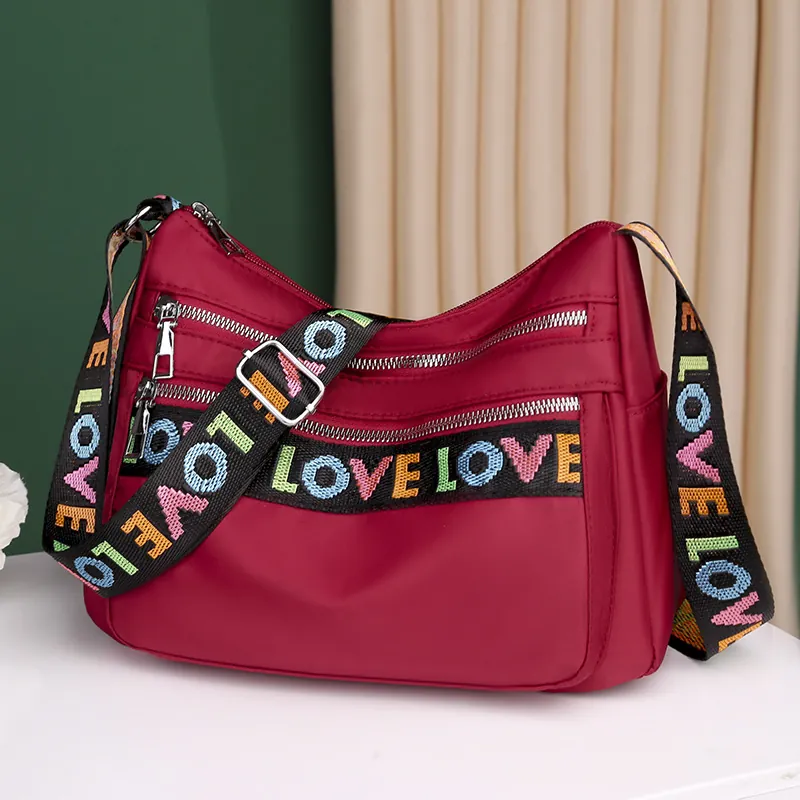 Women Crossbody Shoulder Bag Waterproof Oxford Nylon Multi-Pocket Large Capacity LOVE Letter Wide Strap Trendy Casual