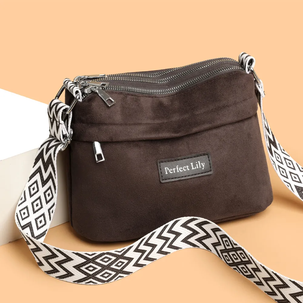 Women Crossbody Bag Suede Frosted 3 Zipper Layers Geometric Wide Strap Casual Fashion Multi Pockets Versatile
