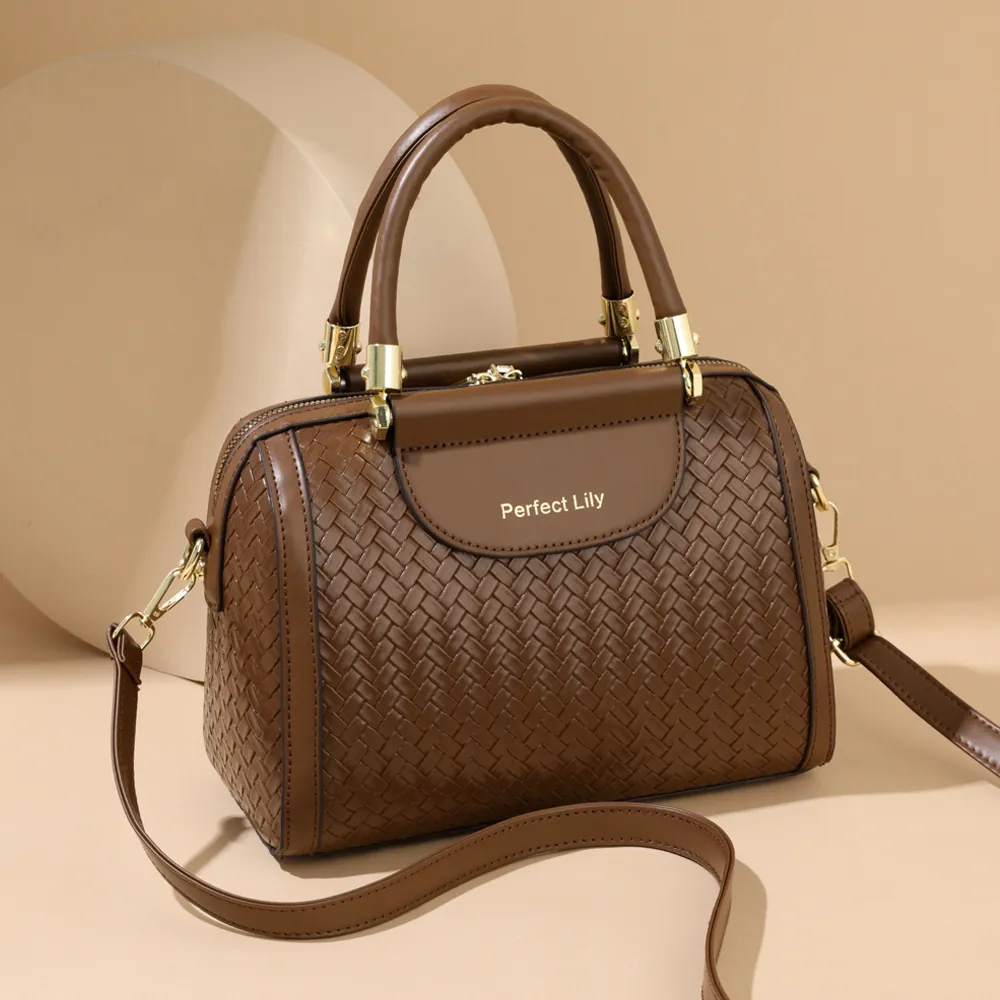 Woven PU Leather Boston Bag Large Capacity Handbag Crossbody Shoulder Bag For Women Fashionable Elegant Daily Commuter