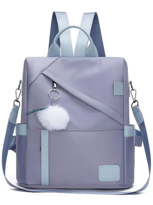 Women Oxford Cloth Backpack Large Capacity Anti-Theft Travel Casual Daypack With Plush Ball Charm