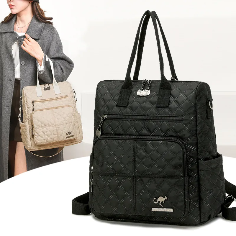 Women Rhombic Quilted Nylon Backpack Large Capacity Waterproof Multi-Pocket Travel Bag Casual Commuter Handbag