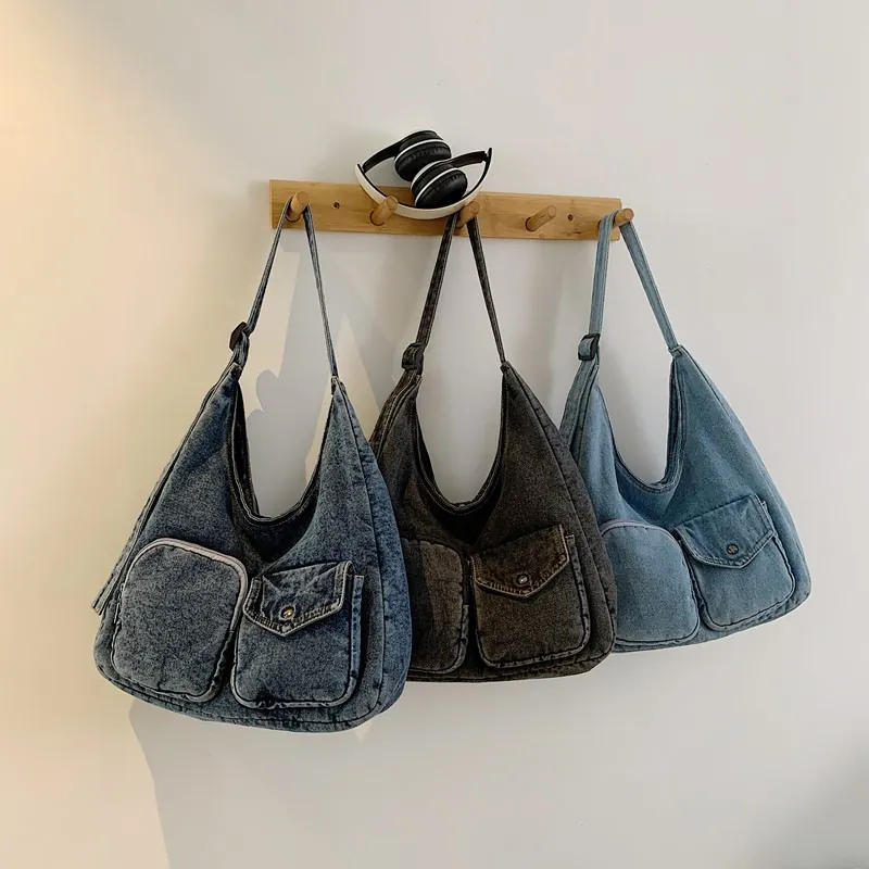 Vintage Denim Hobo Bag Large Capacity Shoulder Bag With Double Front Pockets And Adjustable Strap Casual For Women