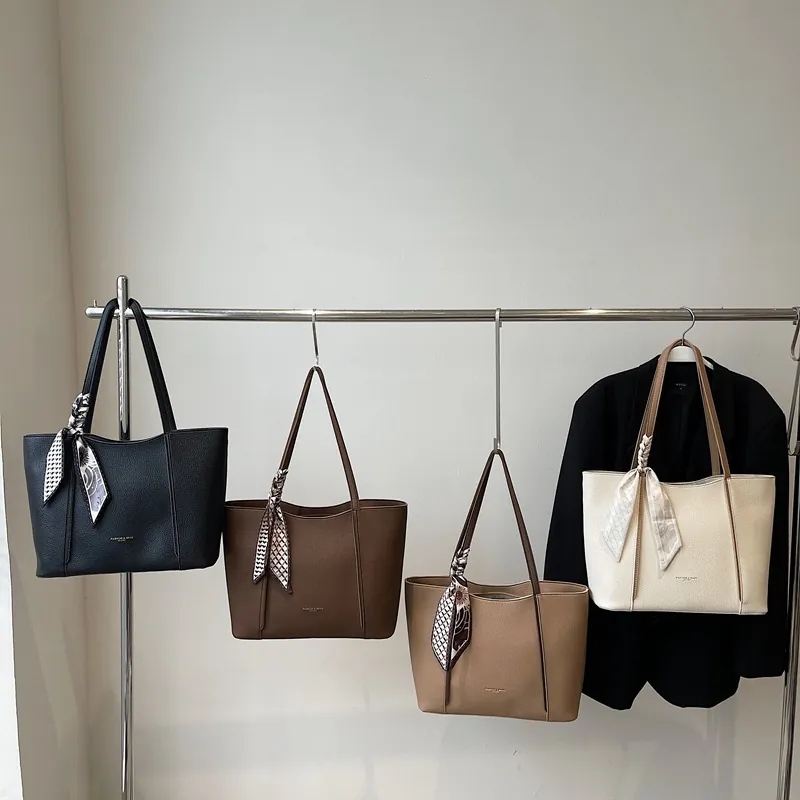 Women Large Capacity Tote Bag Lychee Pattern PU Leather With Decorative Scarf Casual Commuter Handbag Simple Retro Solid Color