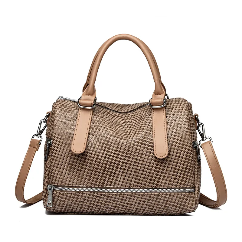 Women Boston Bag PU Leather Woven Texture Handheld Crossbody Retro Commuting Minimalist Large Capacity